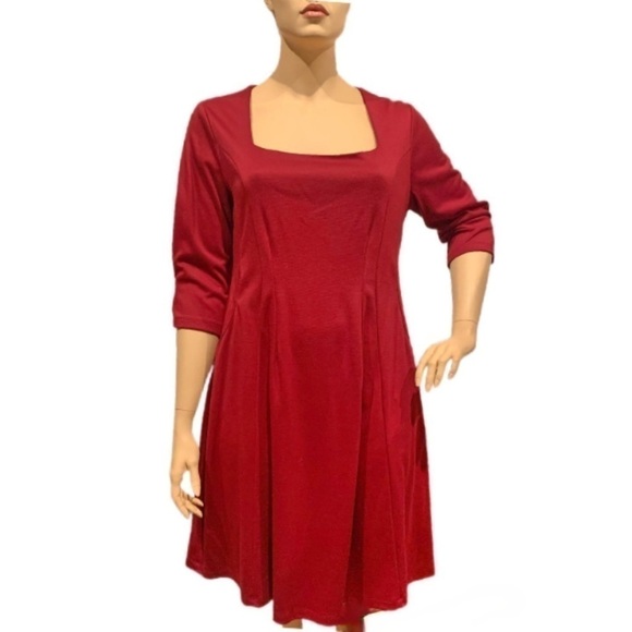 IGIGI Designers A-Line Dress Size 18/20 Red 3/4 Sleeve Pockets Square Neck NWOT - Picture 2 of 11